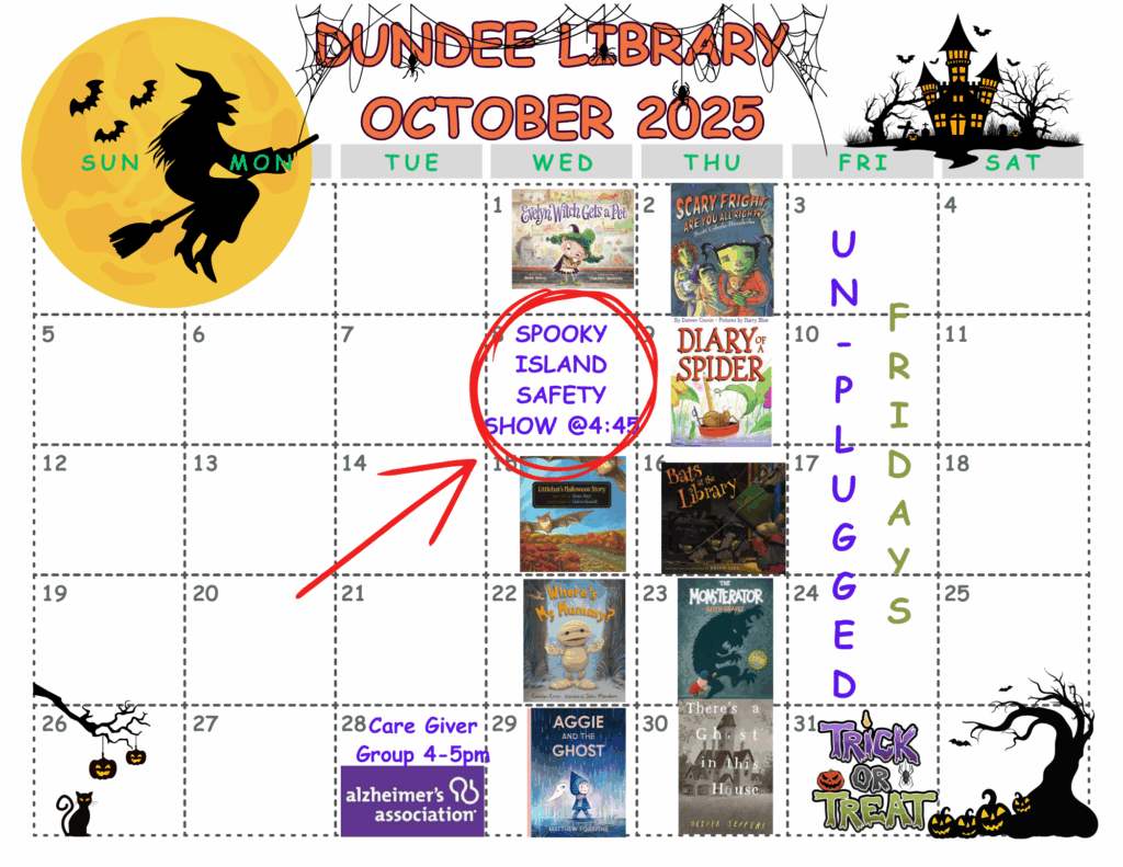 October calendar showcasing story time on Wednesday and Thursday each week and the Spooky Island Safety Show on October 8.