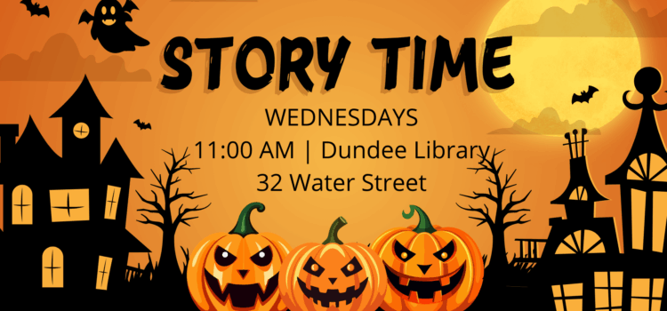 Image includes jack o lanterns and haunted houses promoting our Wednesday Story Times at 11:00 AM