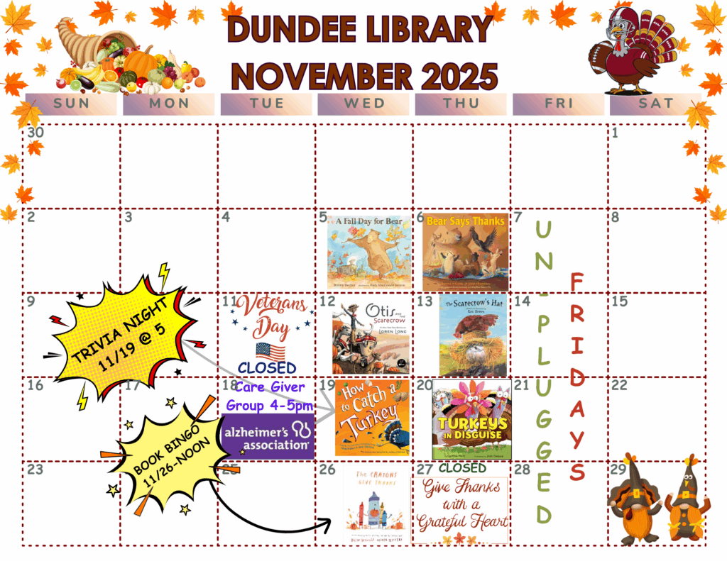 Calendar of events for November 2025 at Dundee Library.