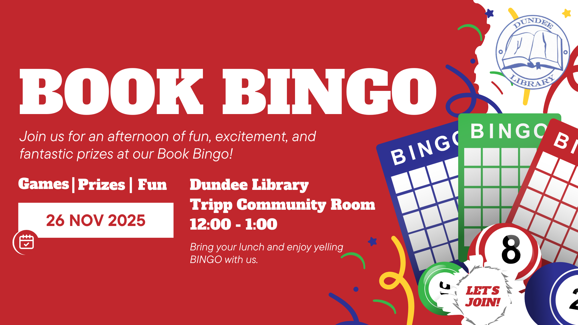 November Bingo Book Bingo on November 25 at 12:00 noon in the Tripp Community Room