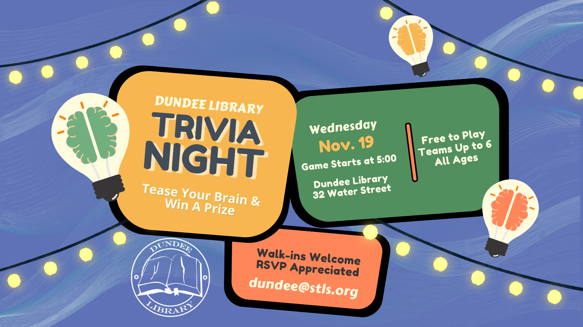 Trivia at Dundee Library on November 19 at 5:00 in the Tripp Community Room