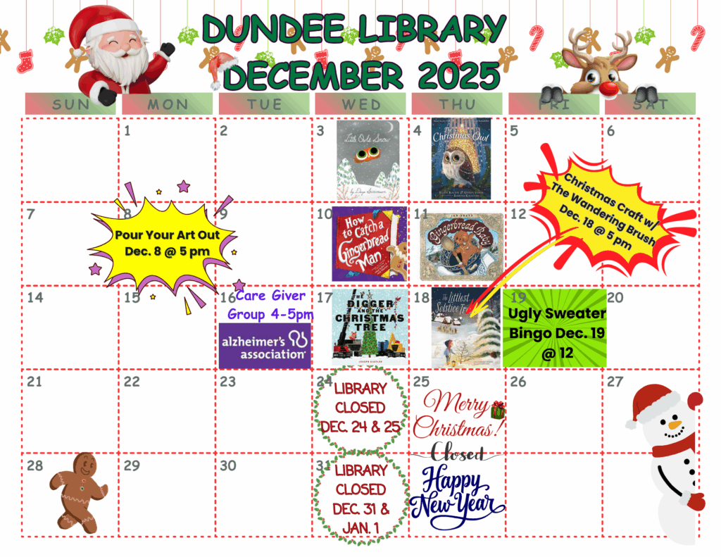 Calendar of events for December 2025 at Dundee Library.