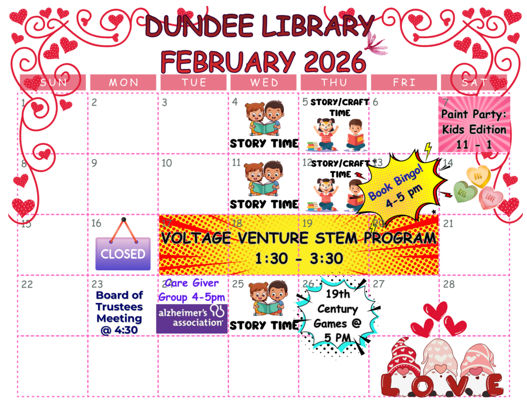 Kids Paint Party: Feb 7
Book Bingo: Feb 13
Voltage Ventures: Feb 17-20
19th Century Games: Feb 26