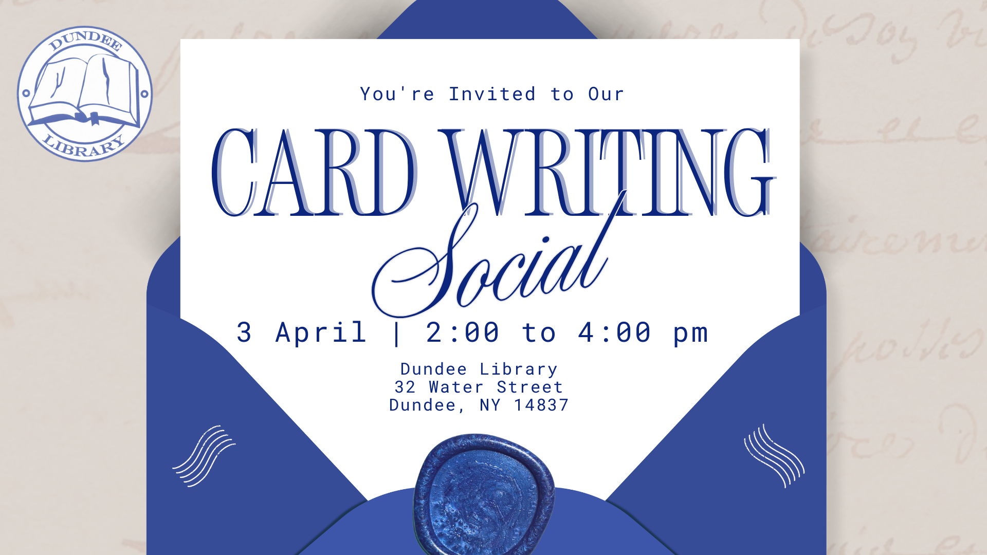 Card Writing Social is April 3 from 2:00 till 4:00