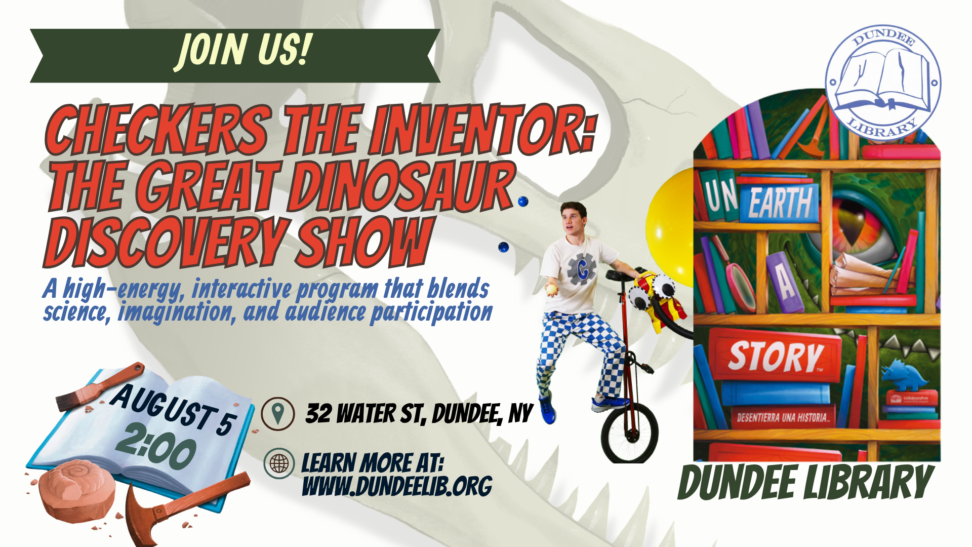 Checkers the Inventor: Dinosaur Discovery on August 5 at 2:00