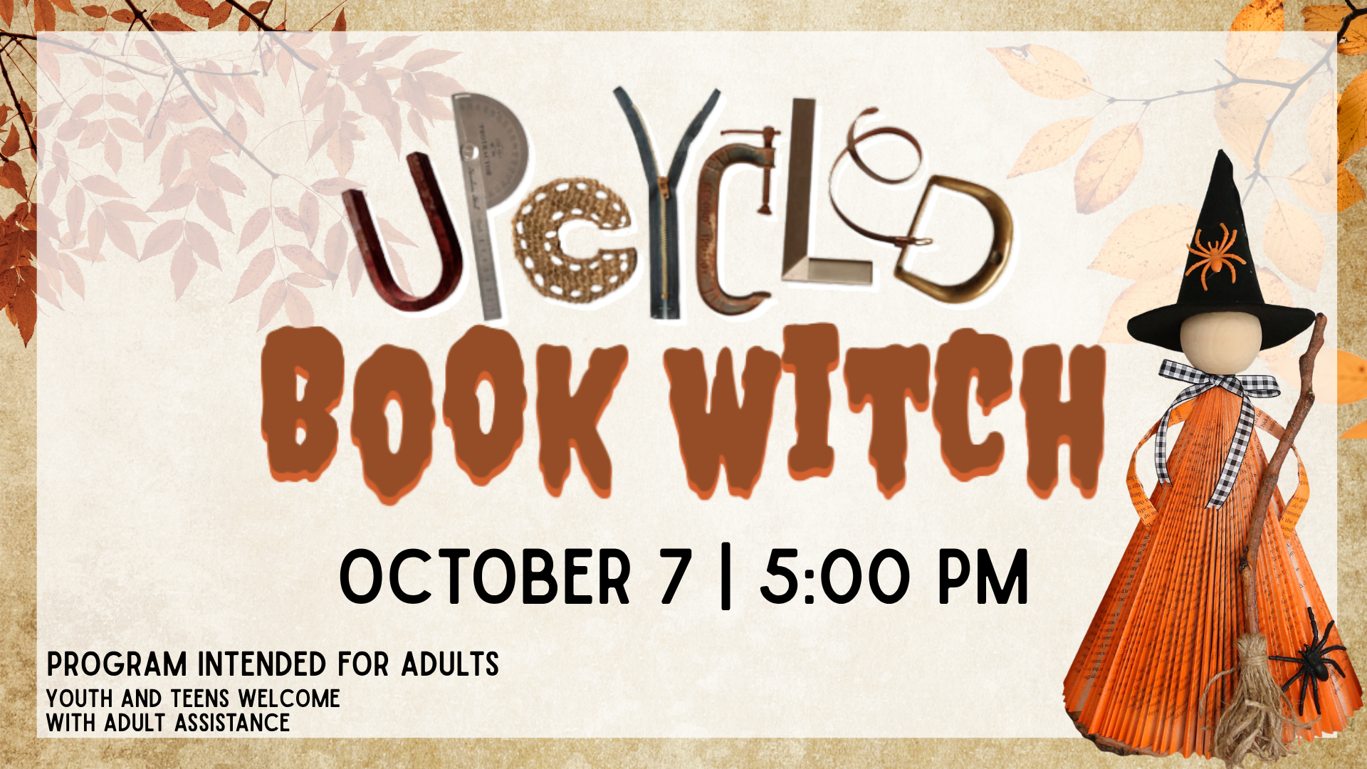 Upcycled book witch on October 7 at 5 PM