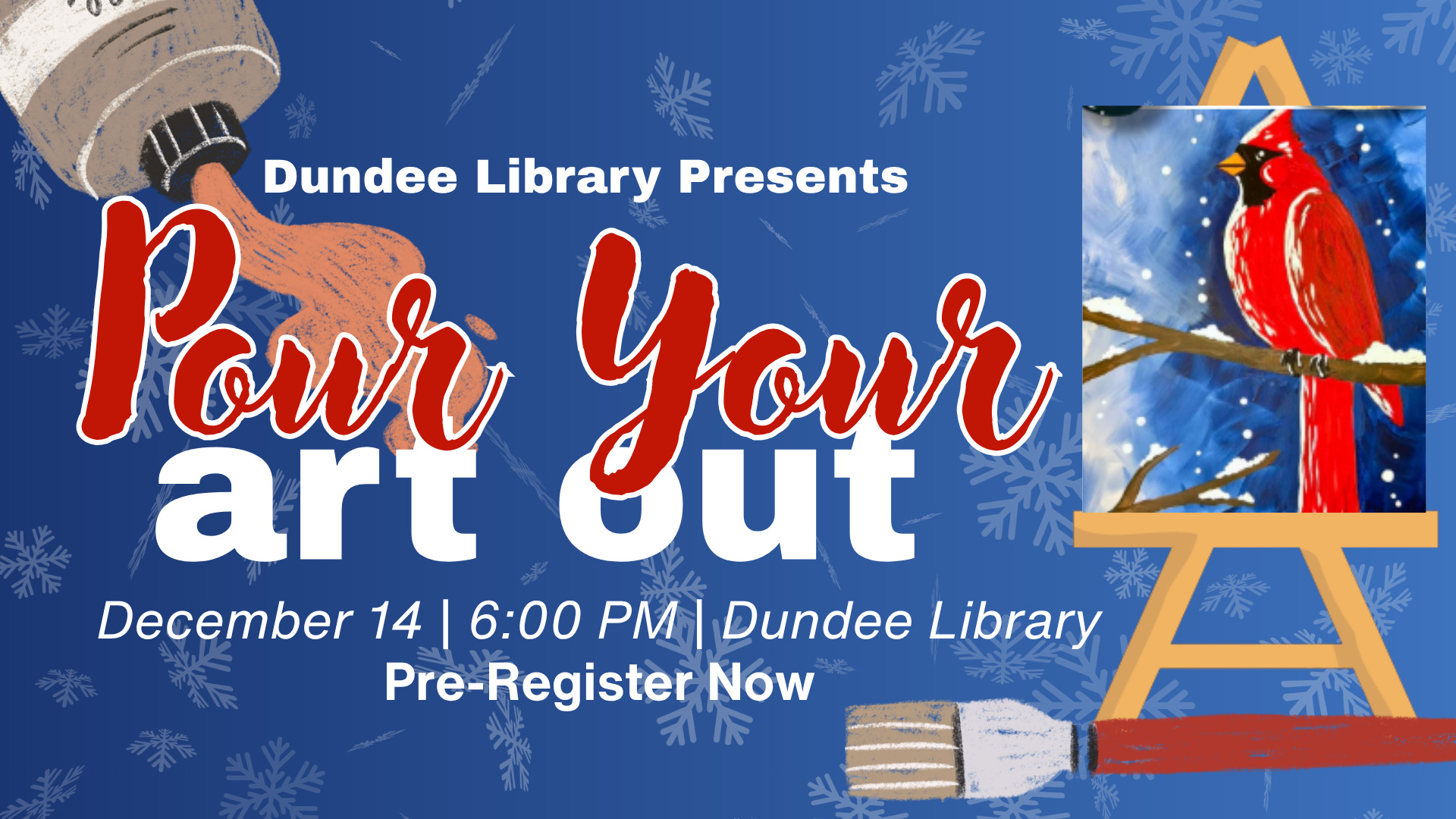 Pour Your Art Out on December 14 at 6:00 PM and paint a snowy cardinal on a bench for just $15